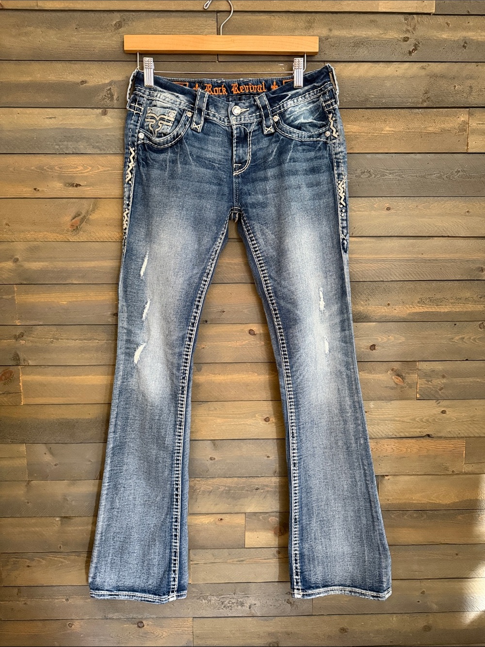 Rock Revival Lesia Low Rise Bootcut Jeans Sz 28 Bling Pockets Thick Stitch 31x32
